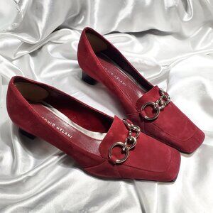 NEW ANTONIO MELANI  burgundy red suede square toe low heel pumps silver chains